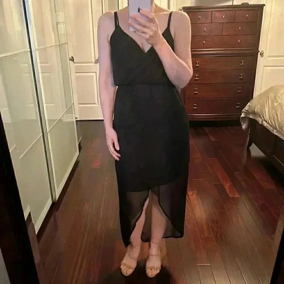 Smart Set Midi Maxi Dress Black Sheer Flowy High Low Wrap Front Asymmetric XS - Picture 12 of 16